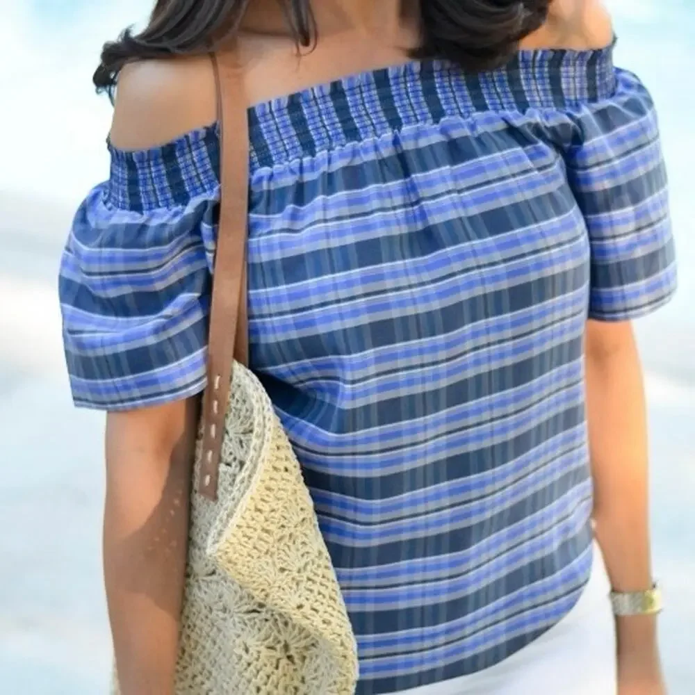 Chic J. Crew Collection Black and Blue Plaid 100% Silk Off the Shoulder Blouse